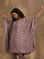 Thumbnail for trueBrowns Dark Mauve Zig Zag Printed Silk Kaftan Co-Ord Set - Distacart