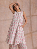 Thumbnail for trueBrowns Pink Green Buta On White Block Print Cotton High-Low Co-Ord Set - Distacart