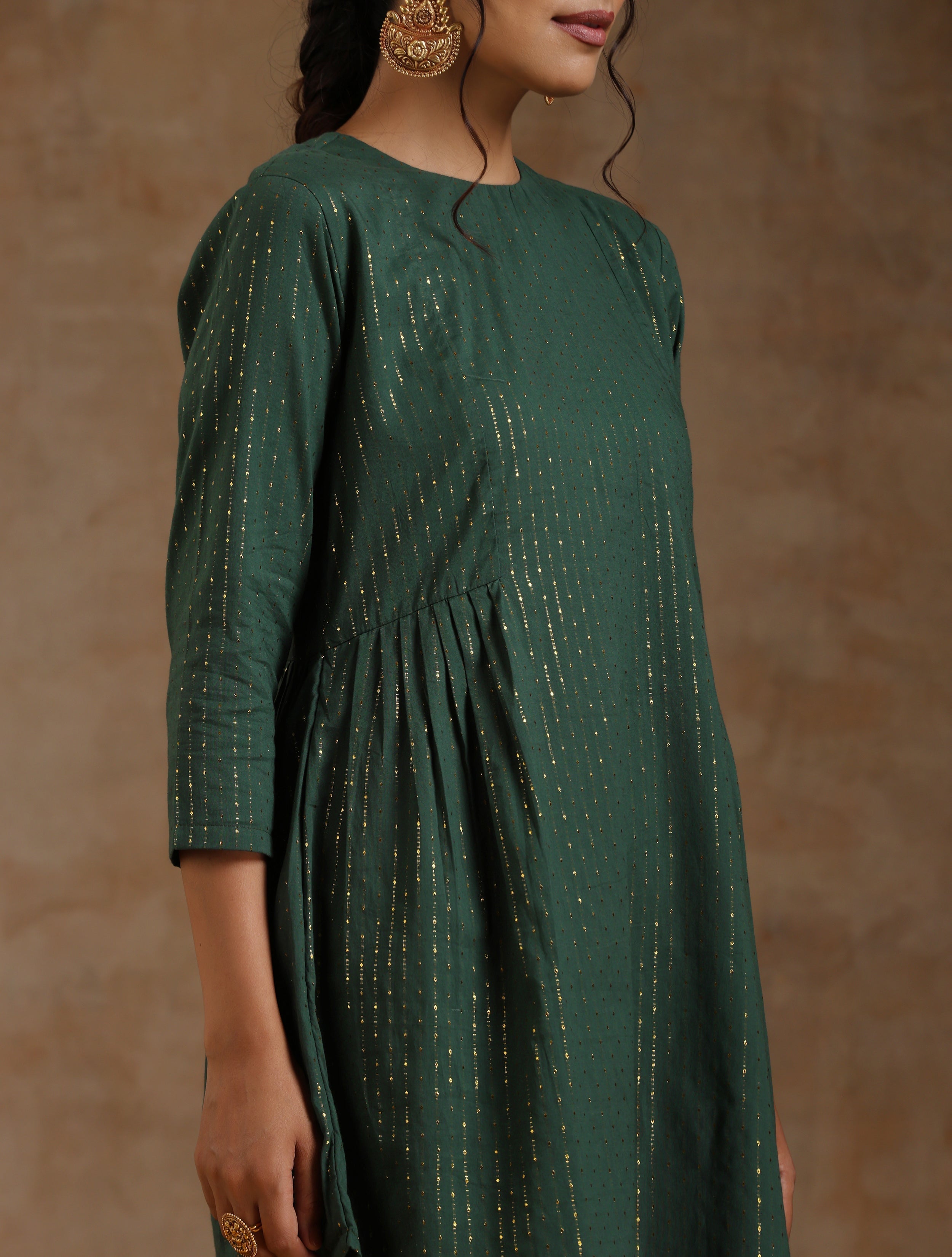 trueBrowns Dark Green Gold Cotton Side Gather Co-Ord Set - Distacart