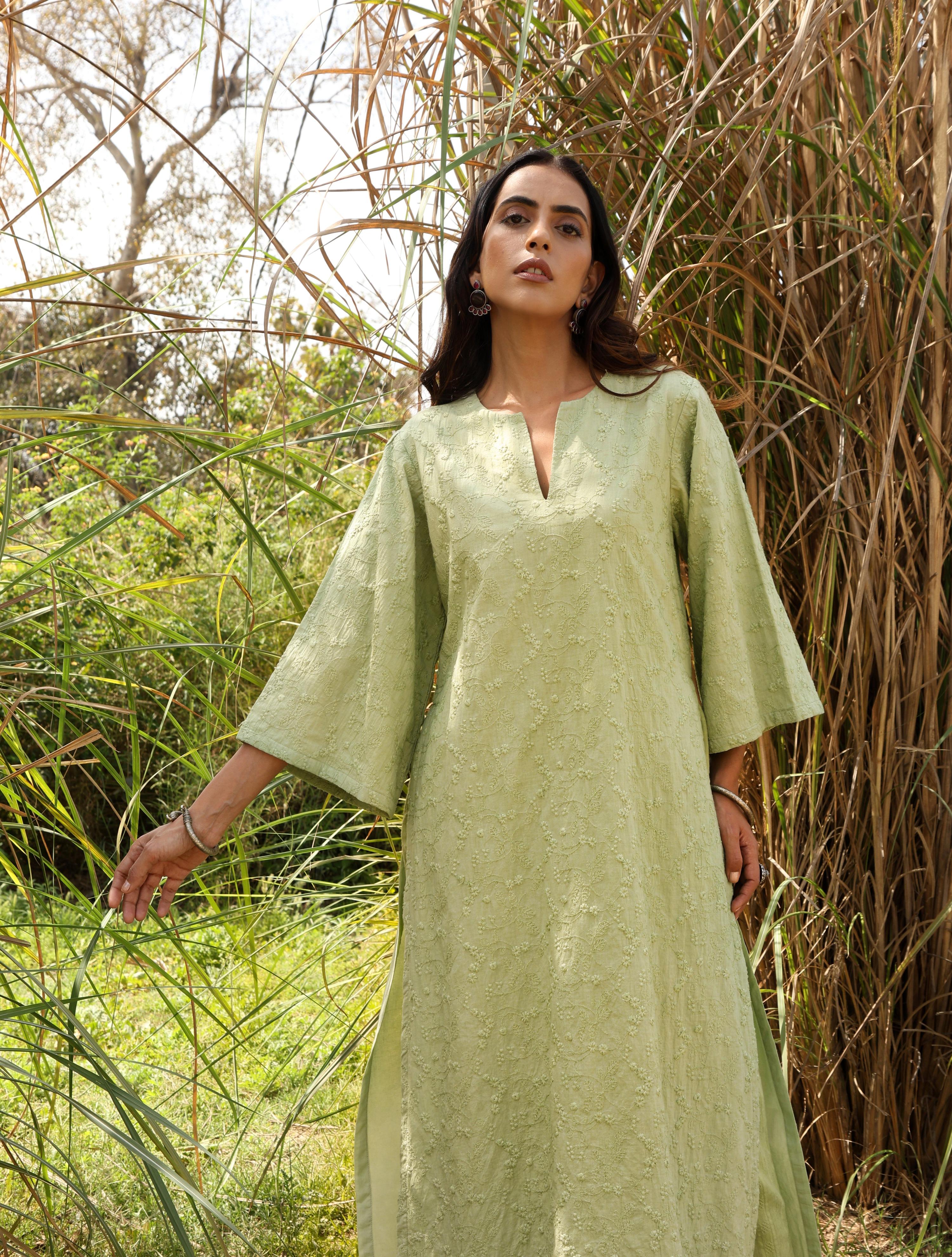trueBrowns Green Cotton Embroidered Kurta Set - Distacart