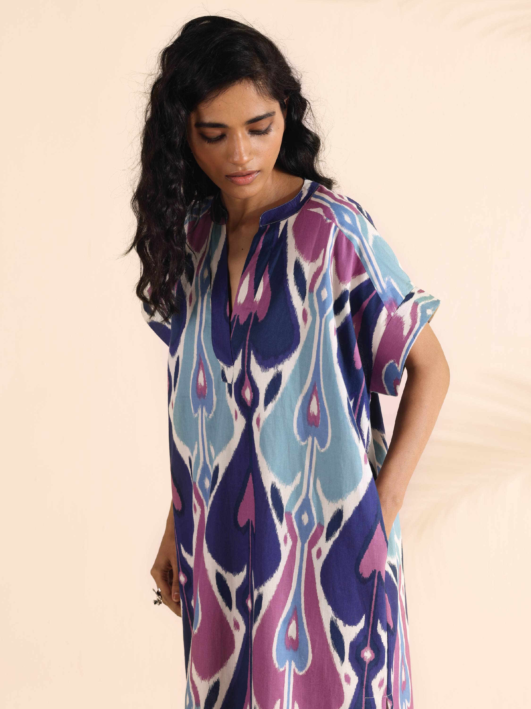 trueBrowns Blue Cotton Ikat Oversized Dress - Distacart