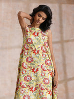 Thumbnail for trueBrowns Yellow Overall Floral Block Print Cotton Sleeveless Kurta Pant Set - Distacart