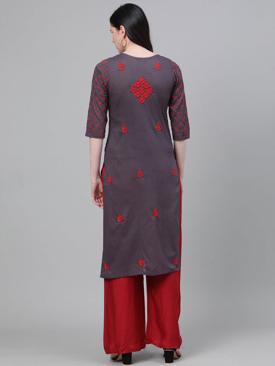 ADA Women Charcoal Grey & Red Chikankari Hand Embroidered Cotton Straight Sustainable Handloom Kurta - Distacart
