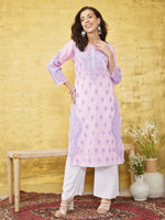 Thumbnail for ADA Women Pink & Blue Chikankari Hand Embroidered Semi-Sheer Straight Sustainable Handloom Kurta - Distacart