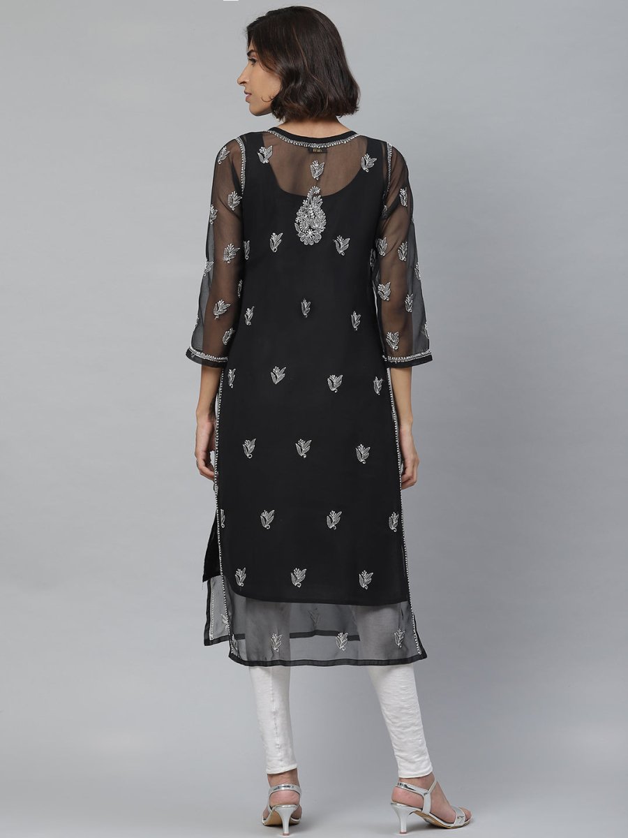 ADA Women Black & White Paisley Chikankari Embroidered Straight Handloom Kurta - Distacart