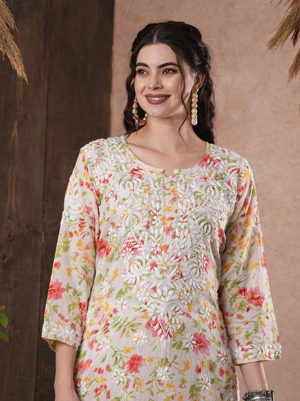 ADA Floral Printed Round Neck Regular Lucknowi Chikankari Kurta with Trousers - Distacart