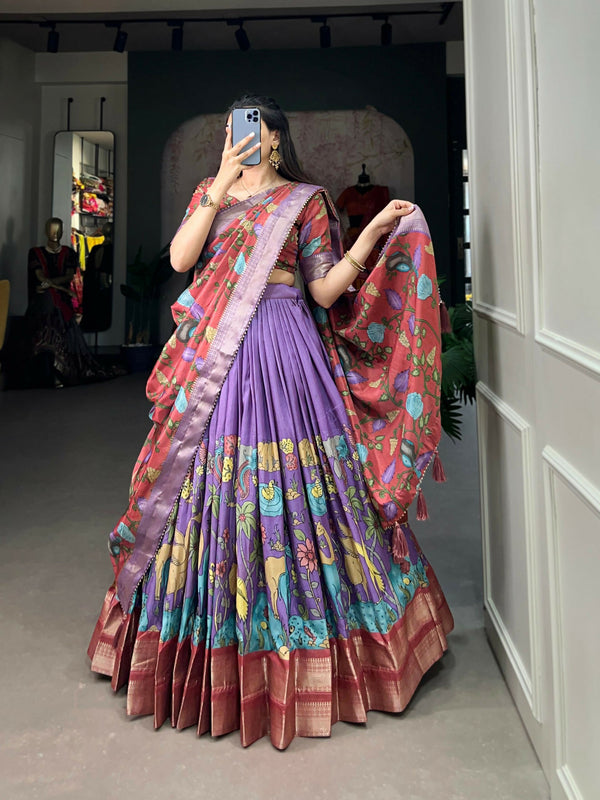 Vastranavya Kalamkari Printed Dola Silk Lehenga Choli - Lavander - Distacart