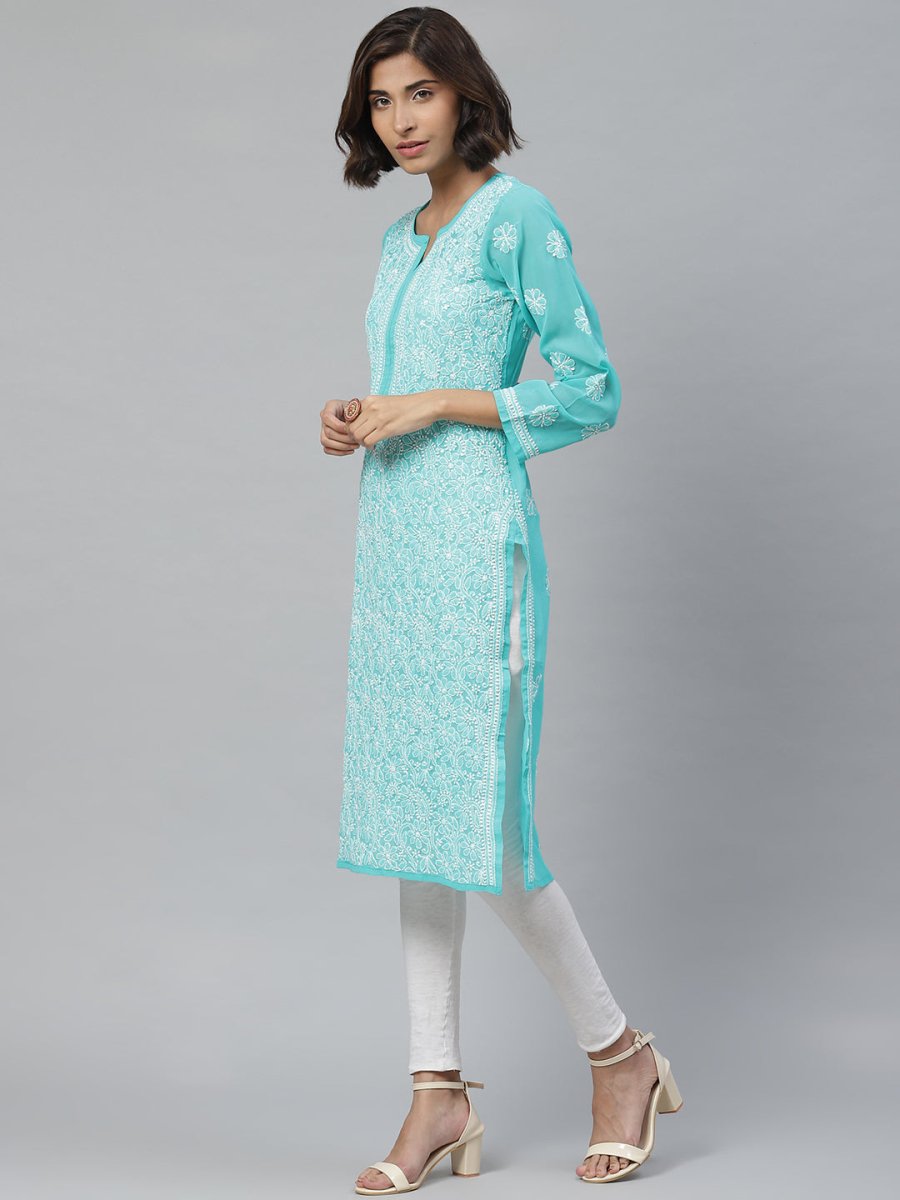 ADA Women Sea Green & White Floral Chikankari Embroidered Straight Sustainable Handloom Kurta - Distacart