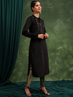 Thumbnail for Vishudh Black Ethnic Motifs Yoke Design Embroidered Keyhole Neck Straight Kurta - Distacart