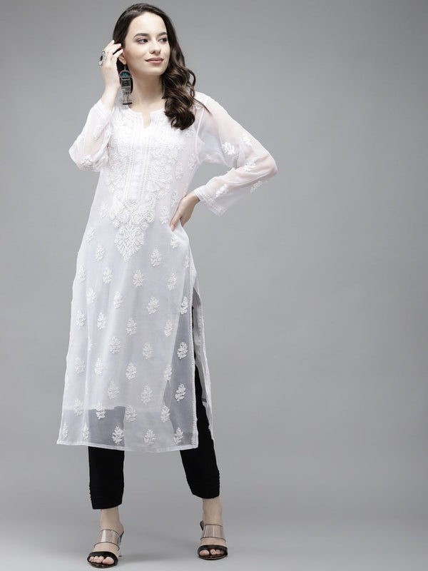 ADA Women White Ethnic Motifs Regular Chikankari Handloom Kurta with Palazzos - Distacart