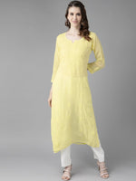 Thumbnail for ADA Women Yellow Ethnic Motifs Embroidered Chikankari Georgette Handloom Kurta - Distacart