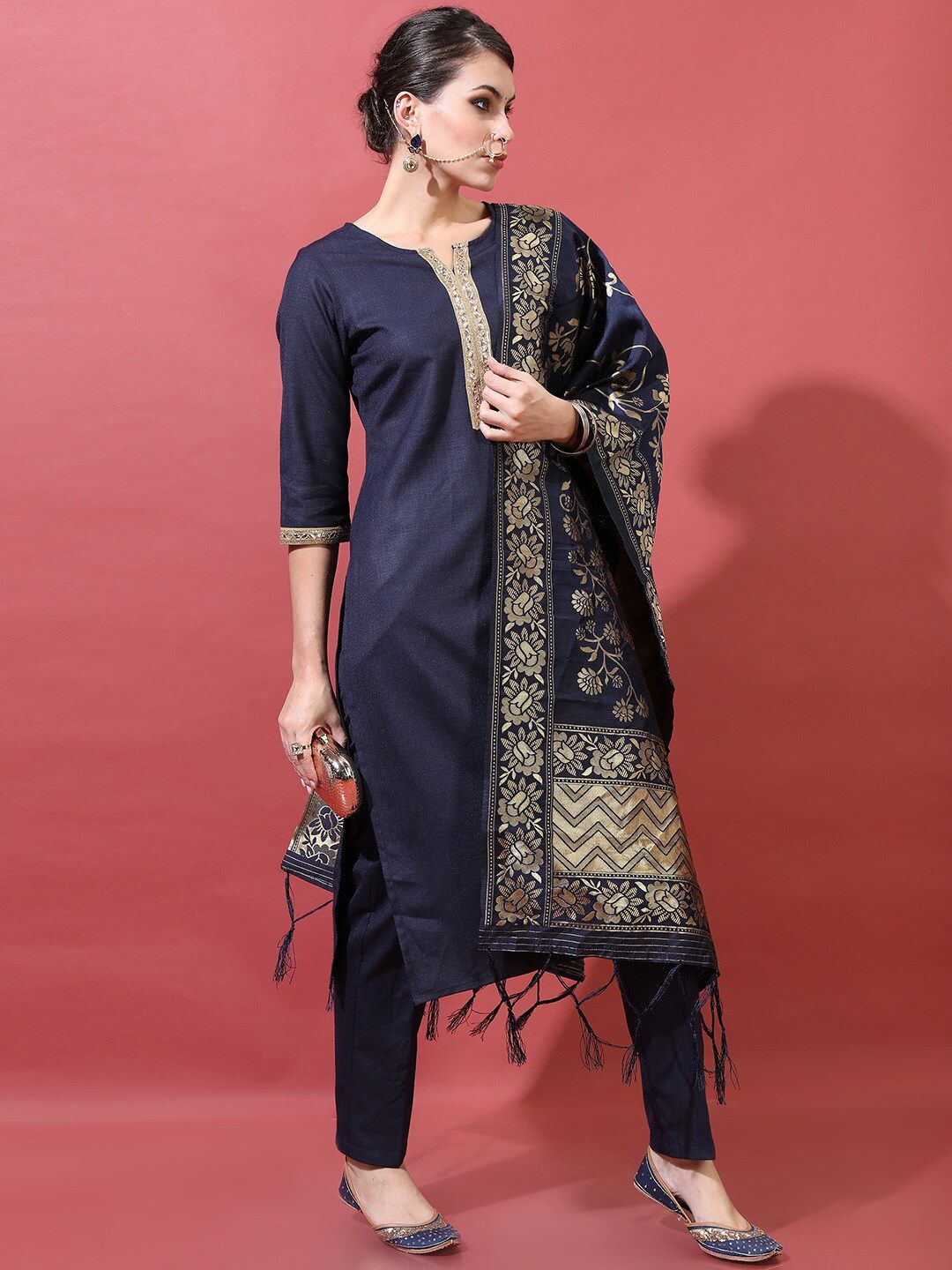 Vishudh Women Navy Blue Ethnic Motifs Kurta with Trousers & Dupatta