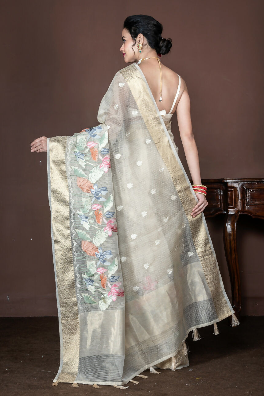 Morchari Beige Banarasi Tissue Computer Embroidery Saree Unstitched Blouse
