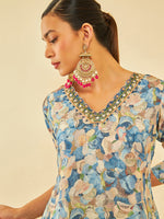 Thumbnail for Soch Floral Printed V-Neck Three-Quarter Sleeves Beads and Stones Kurta with Trousers - Distacart