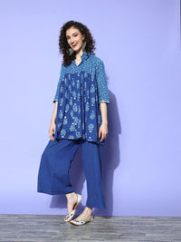 Thumbnail for Ahalyaa Blue Pure Cotton Tunic & Palazzos Ethnic Co-Ords - Distacart