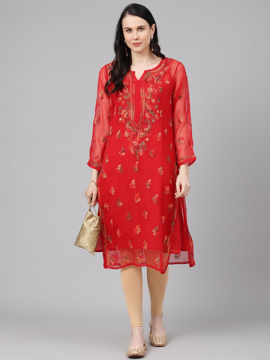 ADA Women Red & Yellow Sheer Chikankari Embroidered Straight Sustainable Handloom Kurta with Inner - Distacart