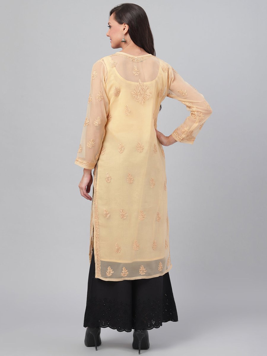 ADA Women Beige Chikankari Hand Embroidered Straight Sustainable Handloom Kurta With Slip - Distacart