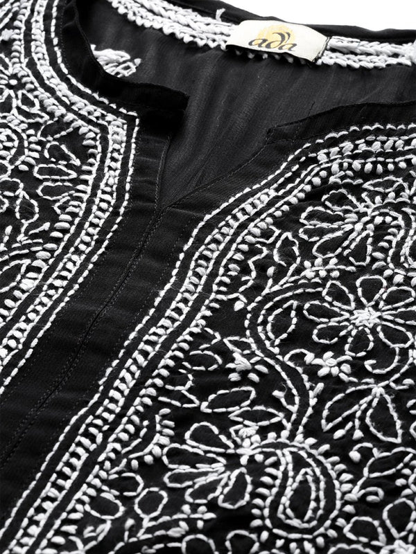 ADA Women Black & White Chikankari Hand Embroidered Semi-Sheer Straight Sustainable Handloom Kurta - Distacart