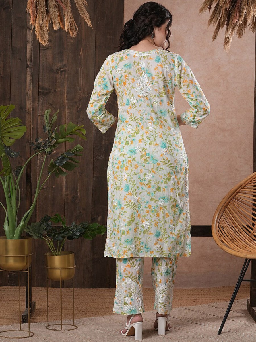 ADA Floral Printed Round Neck Regular Lucknowi Chikankari Kurta with Trousers - Distacart