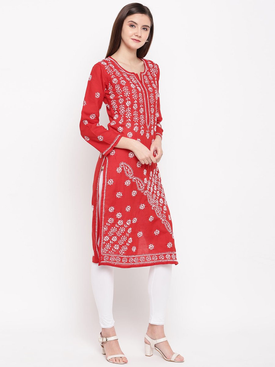 ADA Women Red & White Chikankari Hand Embroidered Straight Sustainable Kurta - Distacart