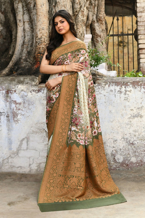 Joban Fashion Olive Green And Ivory Pure Crepe Pure Handloom Banarasi Silk Saree