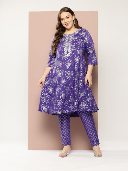 Sztori Plus Size Floral Printed Yoke Design Kurta with Trousers - Distacart