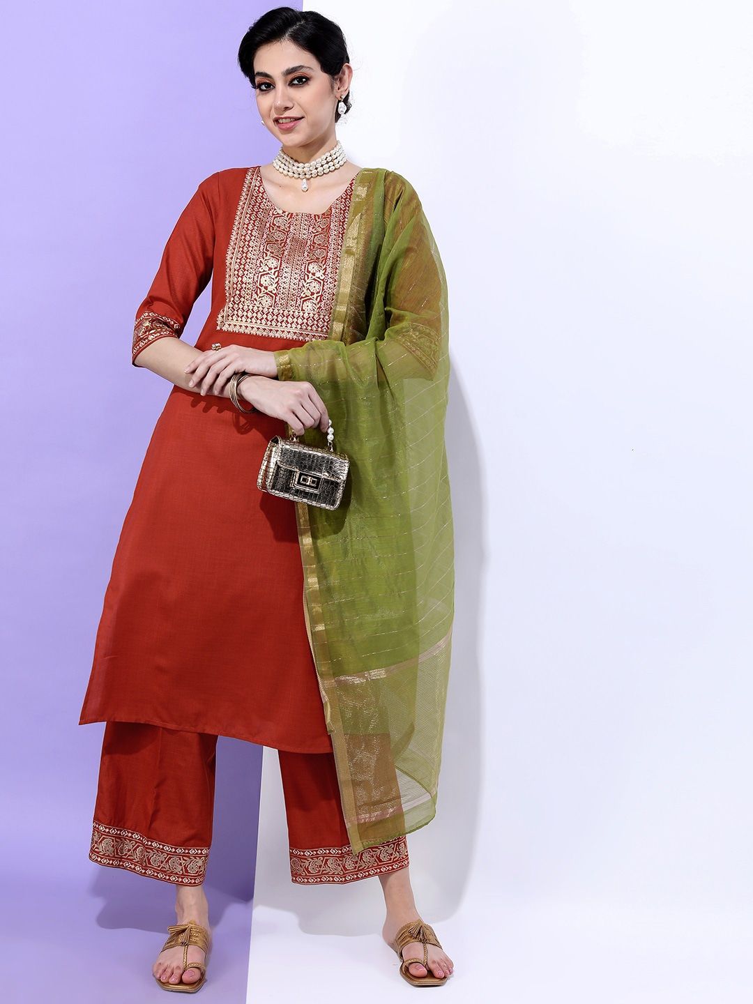 Vishudh Women Rust & Green Yoke Design Straight Kurta with Trousers & With Dupatta - Distacart