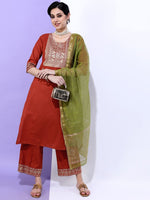Thumbnail for Vishudh Women Rust & Green Yoke Design Straight Kurta with Trousers & With Dupatta - Distacart