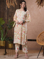 Thumbnail for ADA Floral Printed Round Neck Regular Lucknowi Chikankari Kurta with Trousers - Distacart