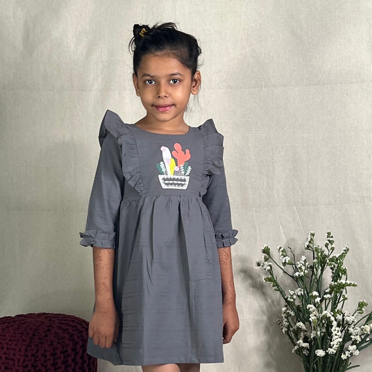 ArthLife Grey Cactus Embroidered Dress - Distacart