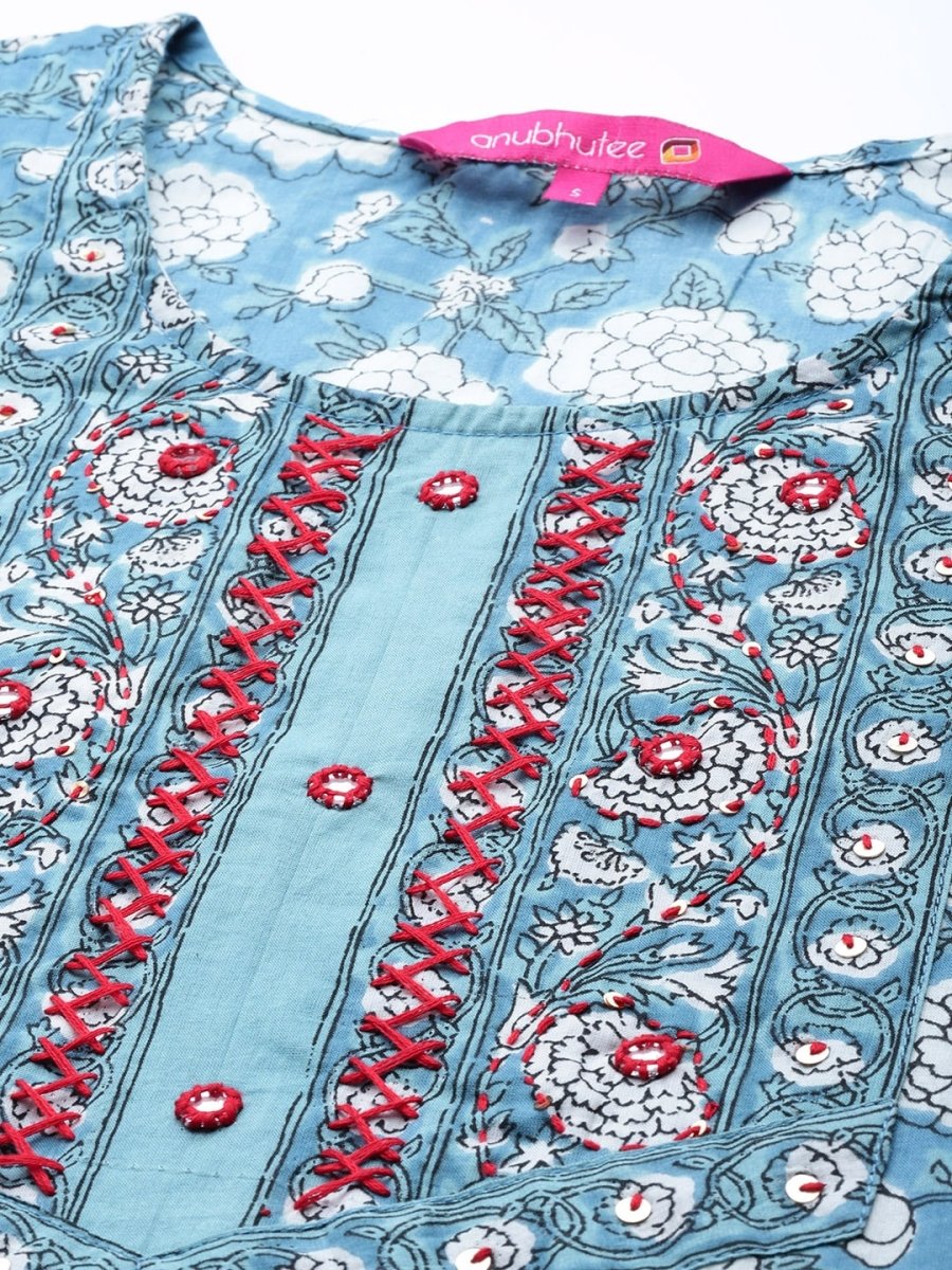 Anubhutee Women Blue Floral Printed Pure Cotton Kurta with Trousers & Dupatta - Distacart