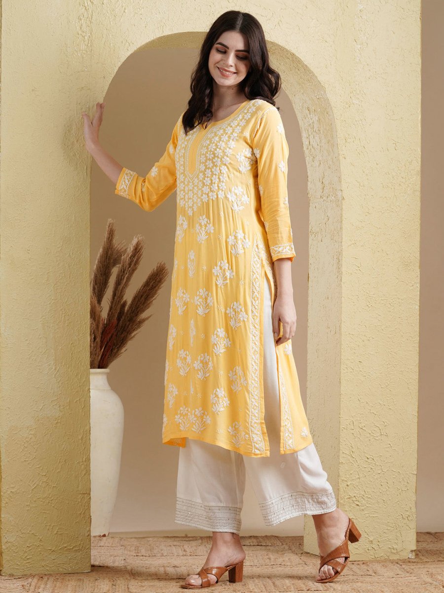 ADA Floral Lucknowi Chikankari Straight Kurta - Distacart