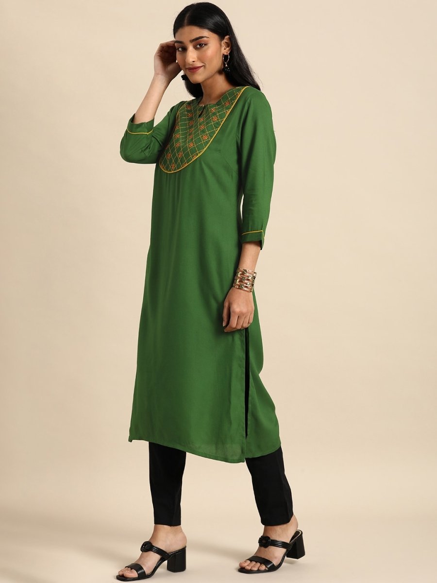 All About You Women Green Ethnic Motifs Yoke Design Keyhole Neck Straight Kurta - Distacart