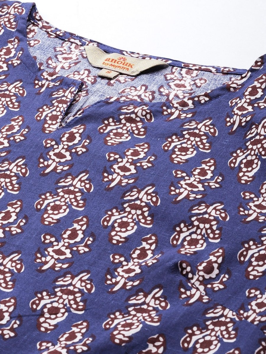 Anouk Women Blue Ethnic Motifs Printed Regular Pure Cotton Kurta with Trousers - Distacart