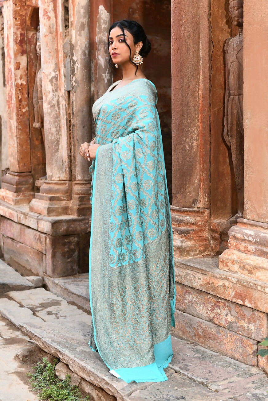 Joban Fashion Teal Green Crepe Chiffon Pure Handloom Banarasi Silk Saree