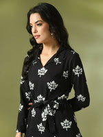 Thumbnail for Myshka Women's Black Printed Polo Collar Party Top With Trousers Co-ord set - Distacart