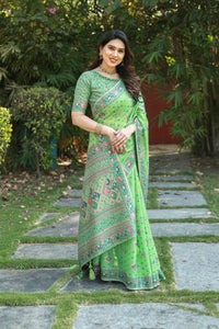 Thumbnail for Vastranavya Luxury and Beautiful Soft, Smooth, Flowing Original Pashmina Soft Cotton Saree with Matching Blouse Fabric - Pista