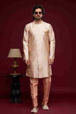 Thumbnail for Raivat Ethnic Banarasi Jacquard Embroidery Semi Indo Western Sherwani In Peach Colour