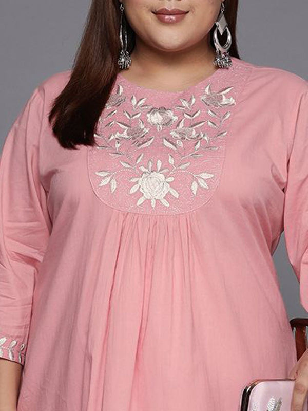 Sztori Plus Size Floral Embroidered Round Neck Cotton Straight Kurta - Distacart