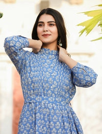 Thumbnail for Kaajh Women's Blue Floral Handblock Print Cotton Dress - Distacart