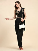 Thumbnail for Black Polyester Solid Ready to Wear Saree with stitched Blouse - Nita - Distacart