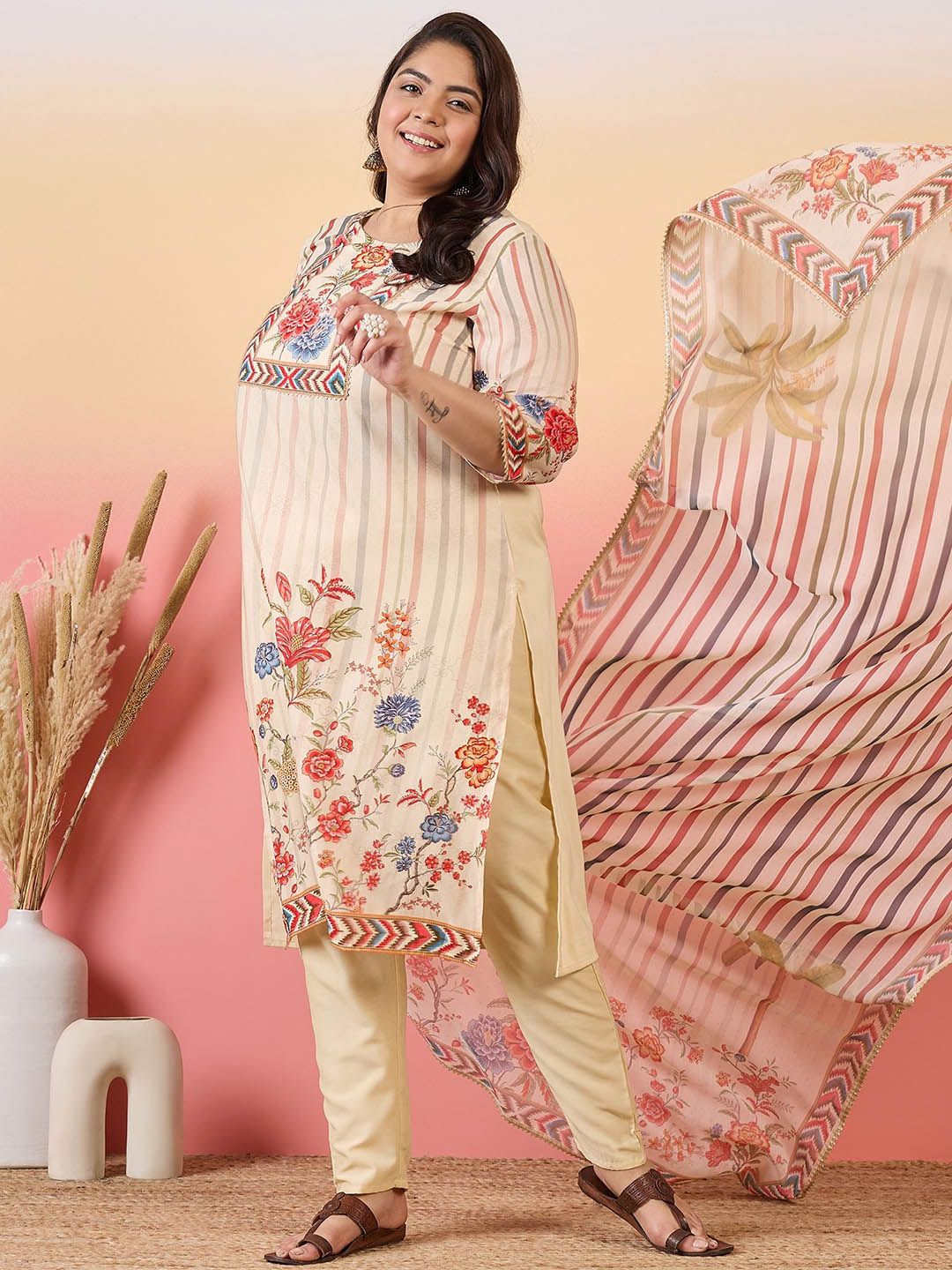 Sztori Women Floral Yoke Design Regular Kurta with Trousers & With Dupatta - Distacart