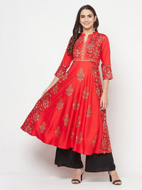 Thumbnail for Aniyah Rayon Block Print Red Anarkali Kurta