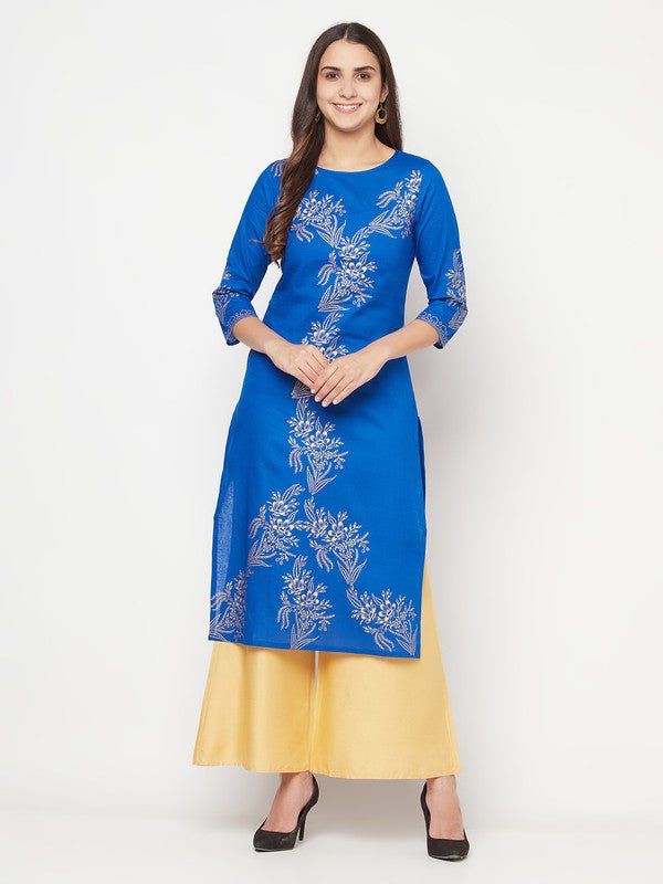 Aniyah Cotton Foil Print Royal Blue Straight Kurta