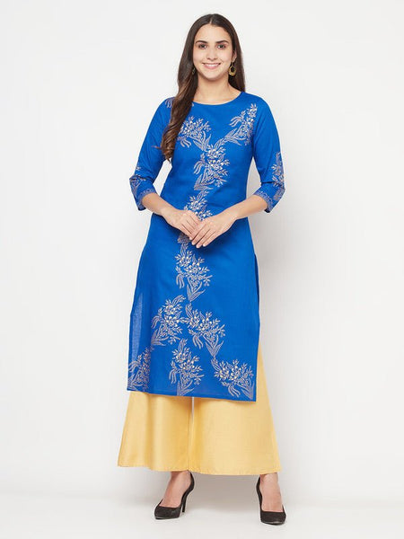 Aniyah Cotton Foil Print Royal Blue Straight Kurta