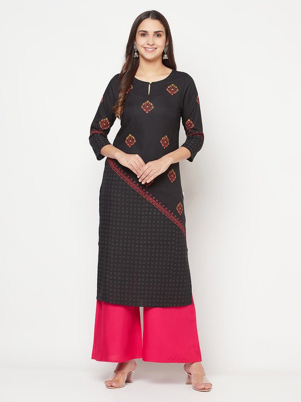 Aniyah Rayon Block Print Straight Kurta - Black