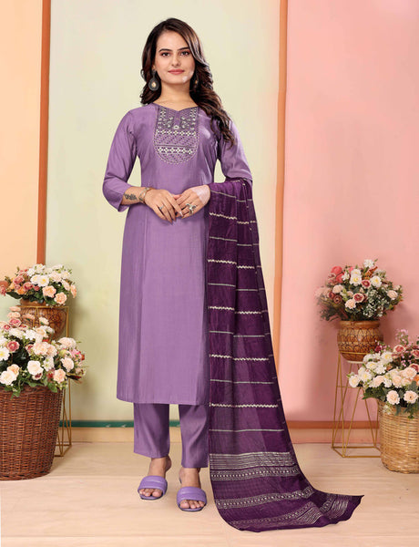 Malishka Women's Violate Silk Embroidery Kurta Set With Dupatta