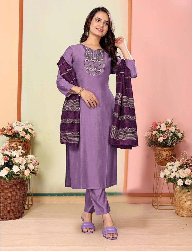 Malishka Women's Violate Silk Embroidery Kurta Set With Dupatta