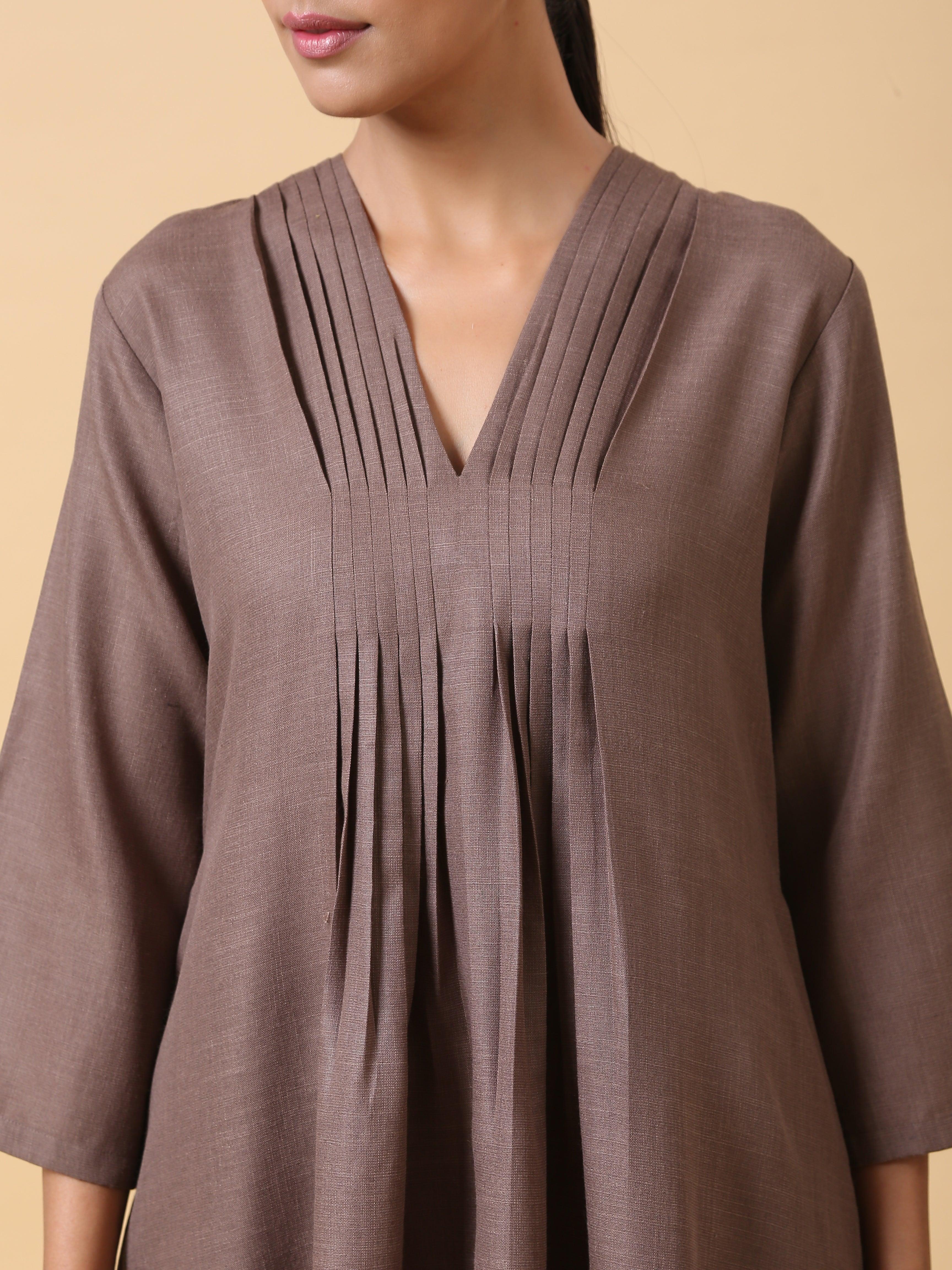 trueBrowns Cotton Linen Burnt Brown Pleated Co-Ord Set - Distacart