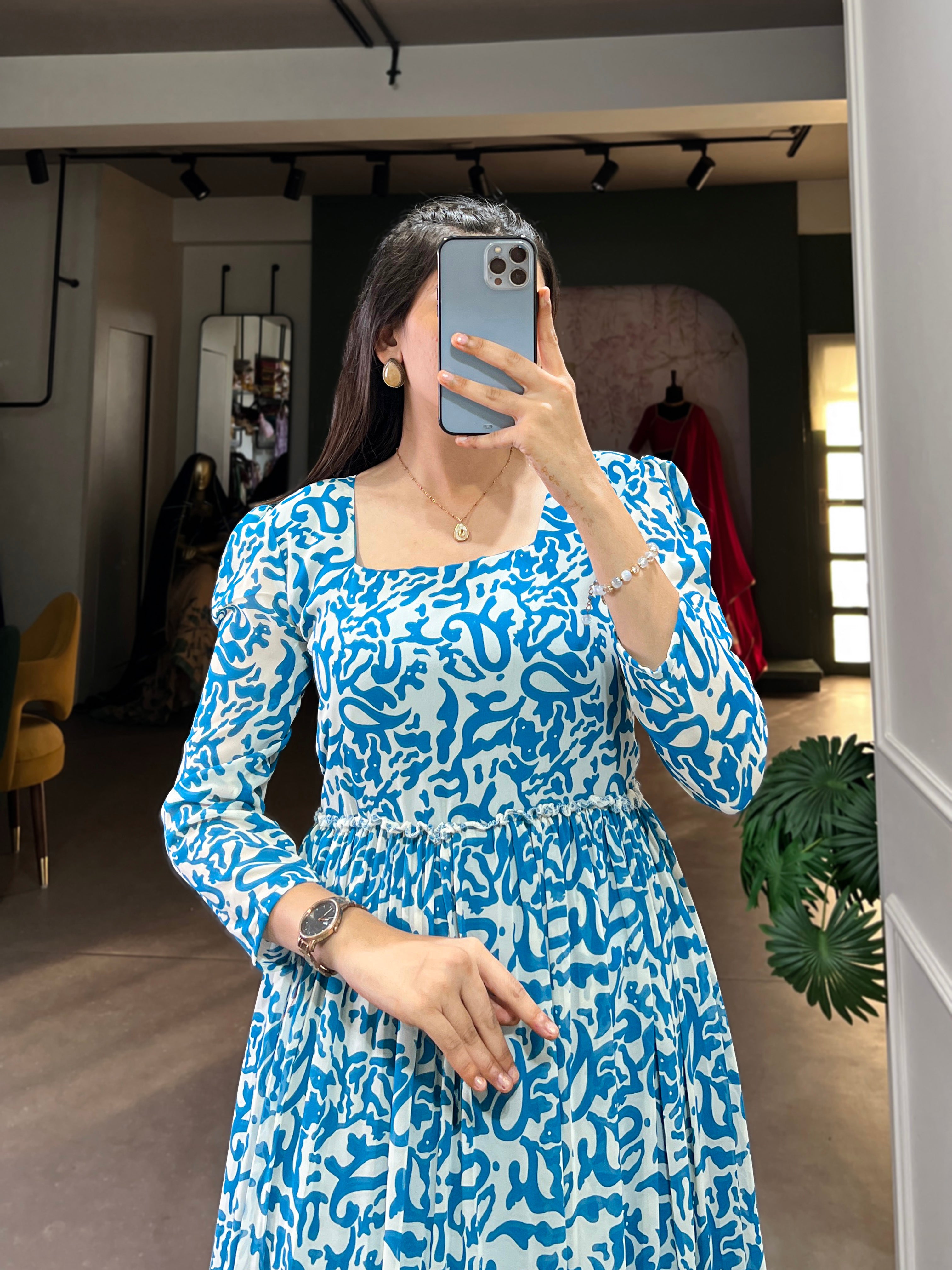 Lorenvalley Blue Georgette Printed Gown - Distacart